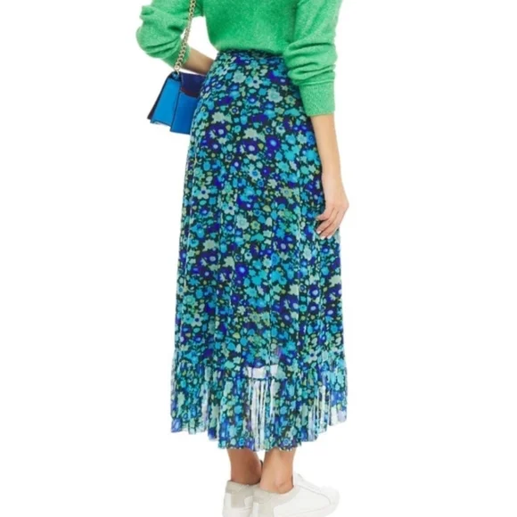 Ganni Floral Wrap Midi Skirt Asymmetrical Ruffle  Blue Green Women's 32 Medium - Picture 4 of 13